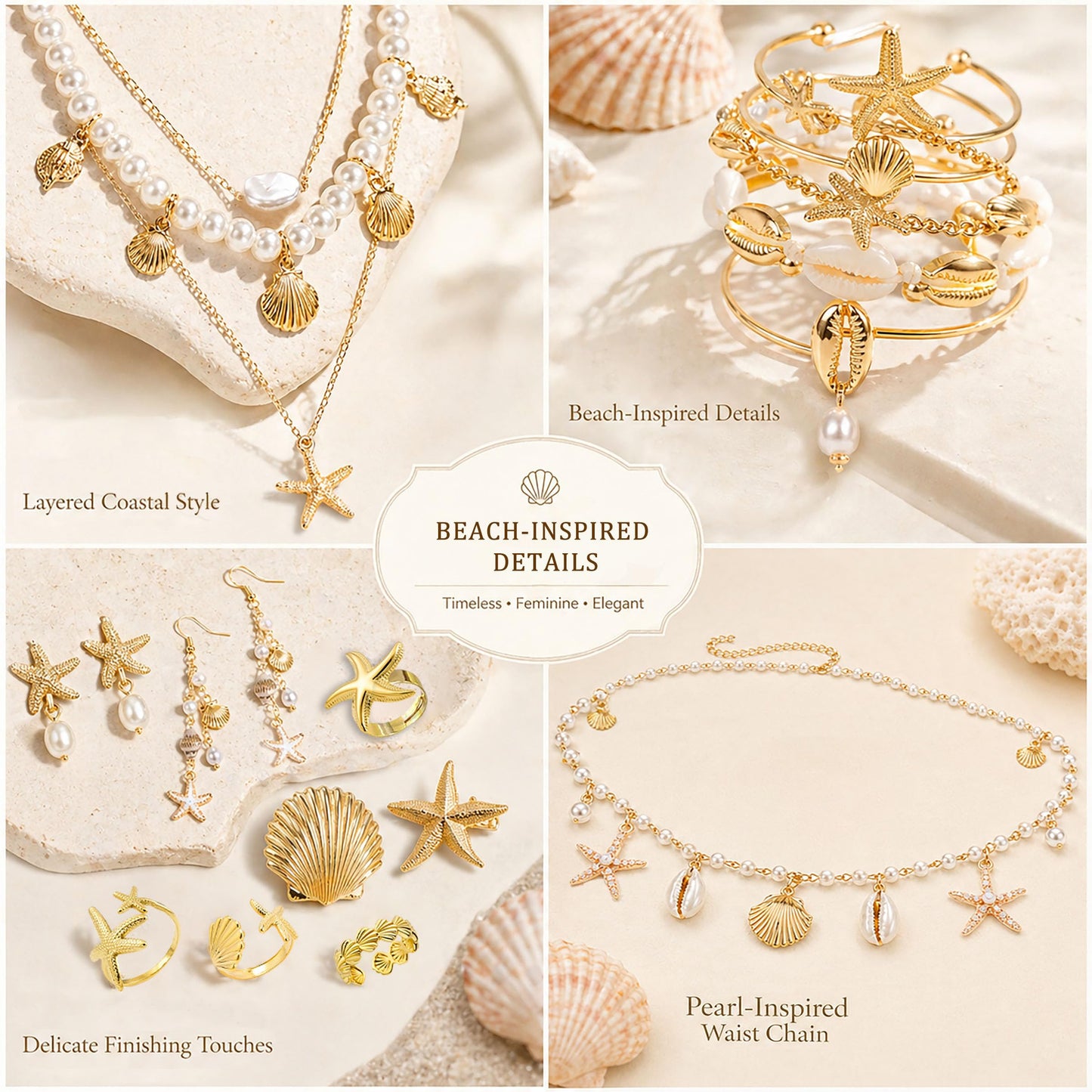 Womylufy 23 Pcs Pearl Mermaid Beach Jewelry for Women, Seashell Starfish Layered Necklace Earrings Bracelets Rings Anklets Waist Chain Hair Clips Set, Summer Vacation Boho Accessories