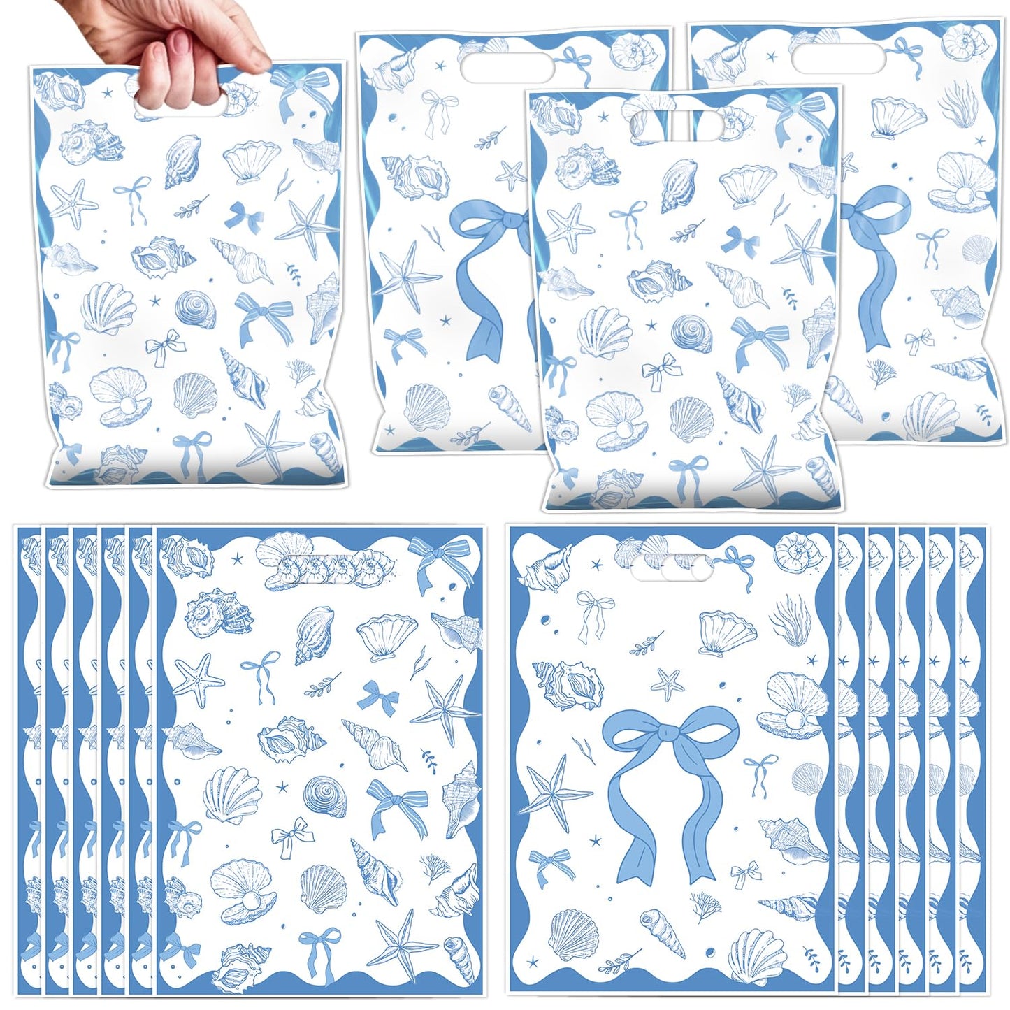 Falueqg Seashell Birthday Party Favors - 50 Pcs Ocean Seashell Beach Goodie Candy Gift Bags Ocean Shell Blue Bow Party Supplies for Summer Wedding Birthday Baby Shower Decorations