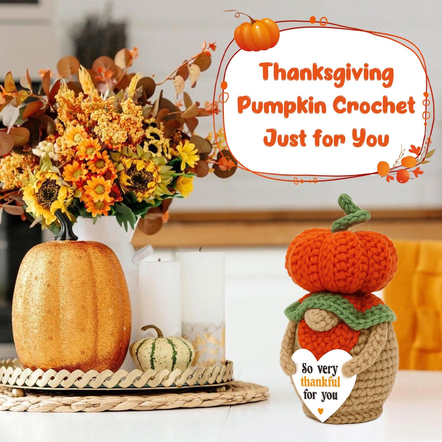 Thanksgiving Thank You Gifts for Mom Boss Lady Mentor Friend Hostess Teacher Appreciation, Handmade Crochet Pumpkin Gnome Fall Home Decor, Halloween Decorations for Women Men, Thanksgiving Table Decor