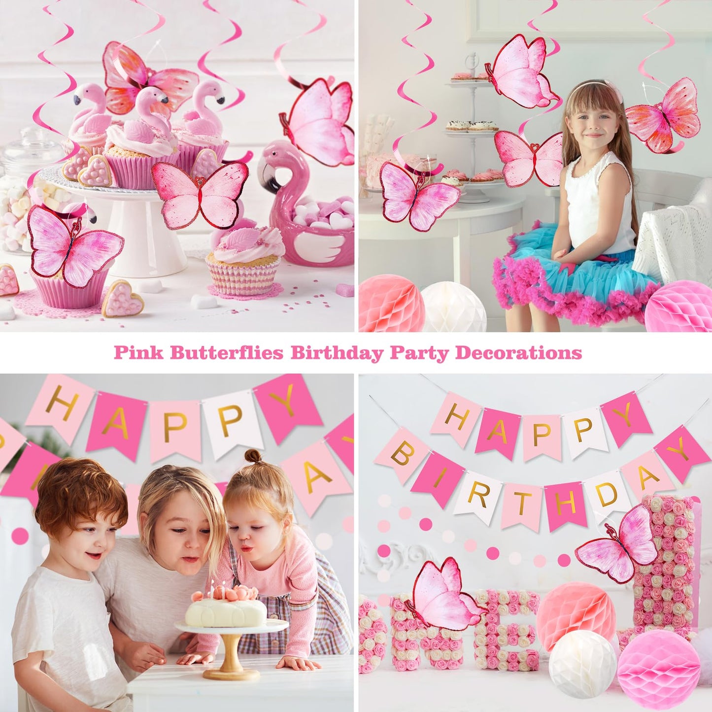 meowtastic Birthday Decorations, Happy Birthday Banner with Honeycomb Balls, Butterfly Hanging Swirl Streamers, Circle Dots Garland, Happy Birthday Party Decorations for Women Girls (Pink & White)