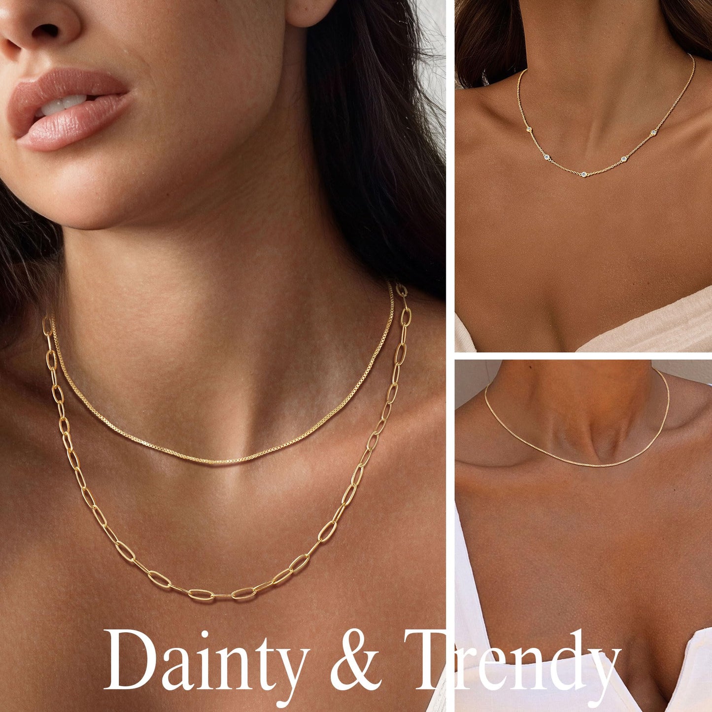Yoosteel Layered 14k Gold Plated Paperclip Necklace for Women,Dainty Thin CZ Chain Box Choker Necklaces Set Stack Trendy Jewelry Gifts for Women