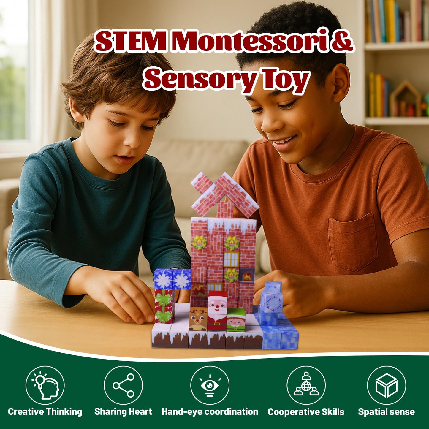 Magnetic Blocks - 150 PCS Magnets Block Sensory Educational Interactive Building Toy Set for Toddlers Kindergarten Creative STEM Learning Gift, Magnet 0.8in Tiles Construction Suit, Snow and Christmas