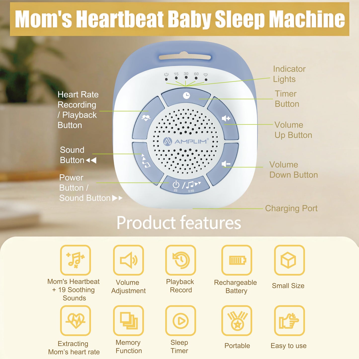 Amplim Mom’s Real Heartbeat Sound Device, Womb Sound Recorder White Noise for Newborn, Soothing Baby Sleep Machine, Rechargeable, Timer & Volume Control, Portable Infant Aid for Faster, Deeper Sleep