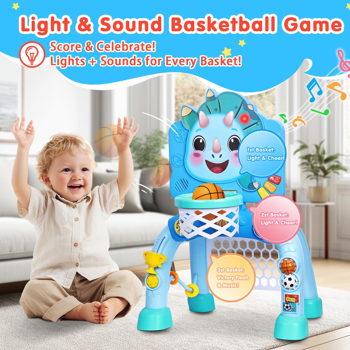 SunRiMax Toddler Basketball Hoop&Soccer Goal,Toys for 1 2 3 Year Old Boys,1+ Year Old Boy Gift 1st Birthday Chirstmas,Dinosaur Baby Sports Toy with Light Sound Music,12-18 Months Baby Activity Center