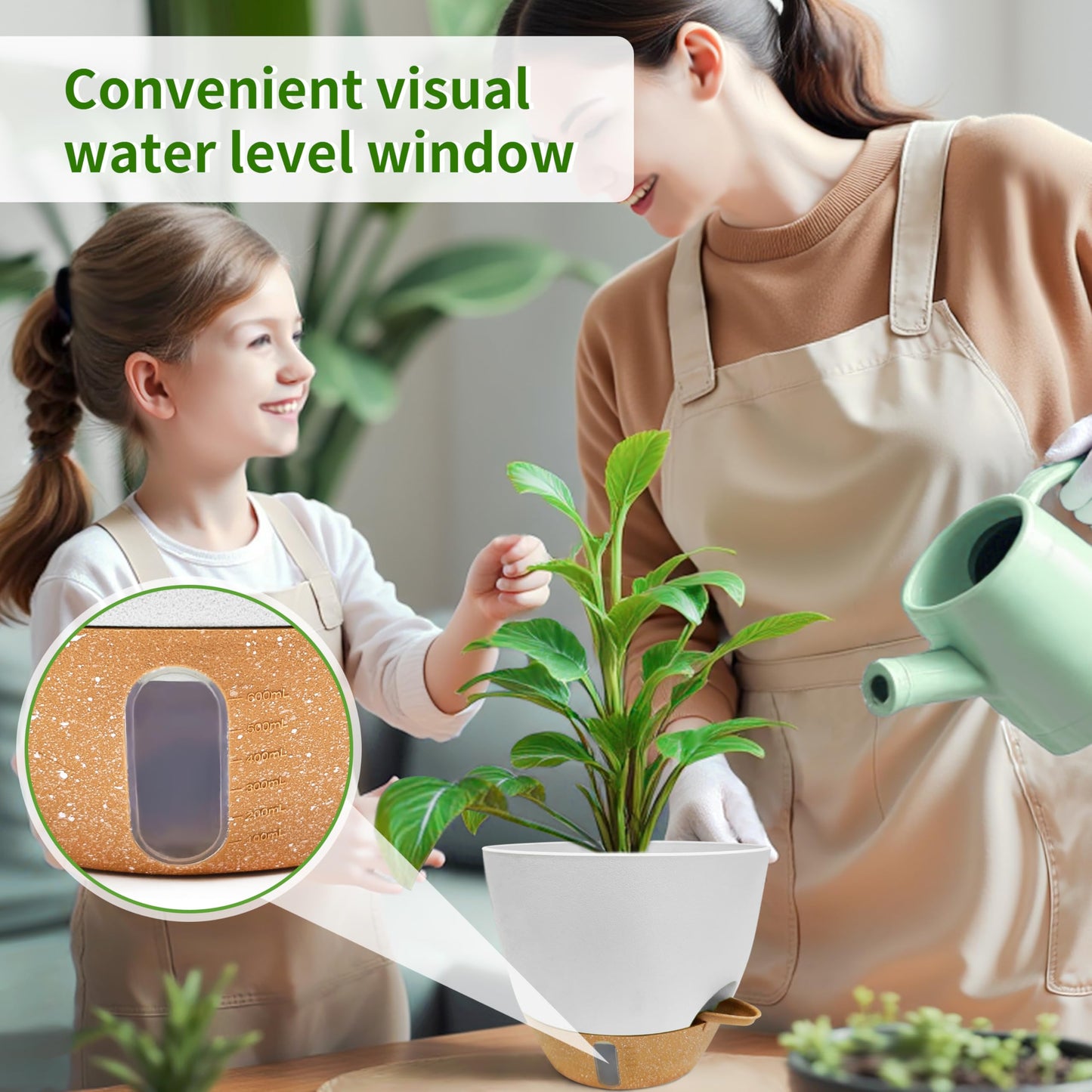 SORANGEUN 12/10/9/8 inch Self Watering Pots with Visual Water Window, Extra Large Self Watering Plant Pot with Drainage Holes and Saucers, White Flower Pots for Indoor Plants