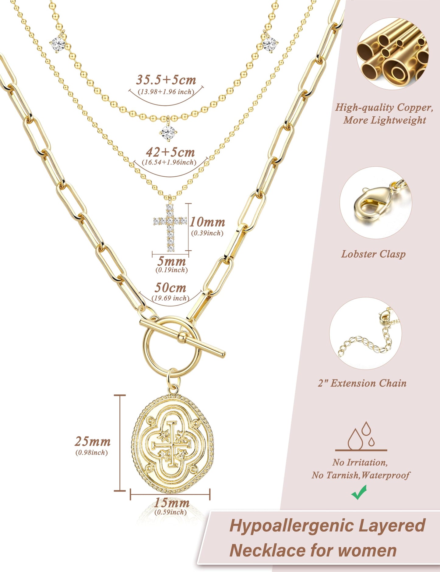 ORAZIO Layered 14K Gold Plated Necklaces for Women Dainty Necklace Stack Silver Plated Non Tarnish Free Pendant Chunky Chain Pearl Paperclip Cross Heart Necklace Set for Women D