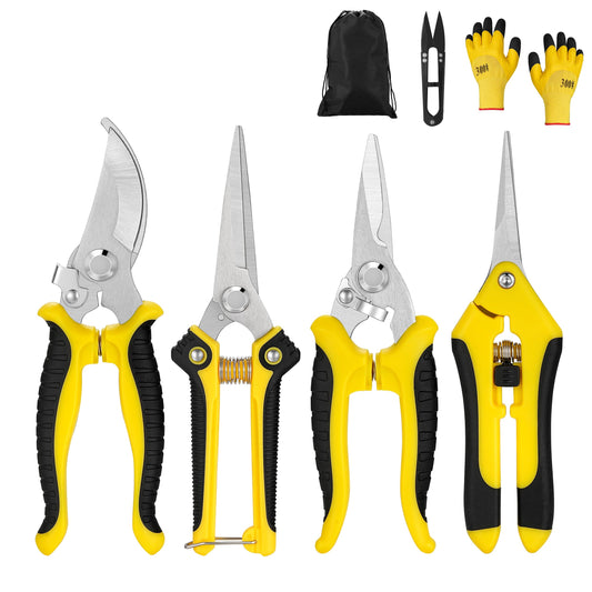 5 pack Garden Pruning Shears Stainless Steel Blades, Handheld Scissors Set with Gardening Gloves,Heavy Duty Garden Bypass Pruning Shears,Tree Trimmers Secateurs, Hand Pruner (Yellow and Black)