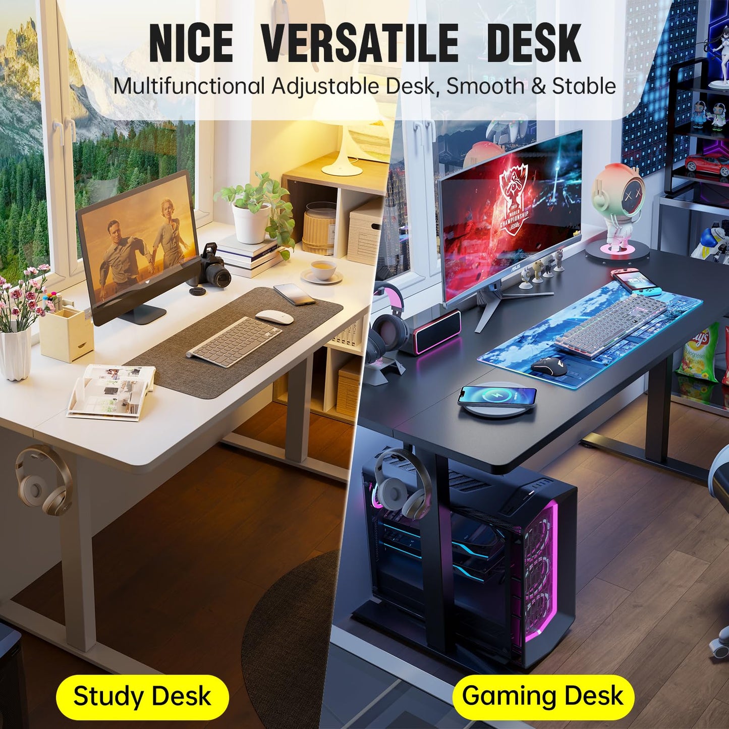 Veken 47.2 Inch Large Electric Standing Desk, Heights Adjustable, Sit to Stand Up, Work Home Office Computer Table for Study, Walking Pad, Writing, and Games, Wooden Desktop Desks, White