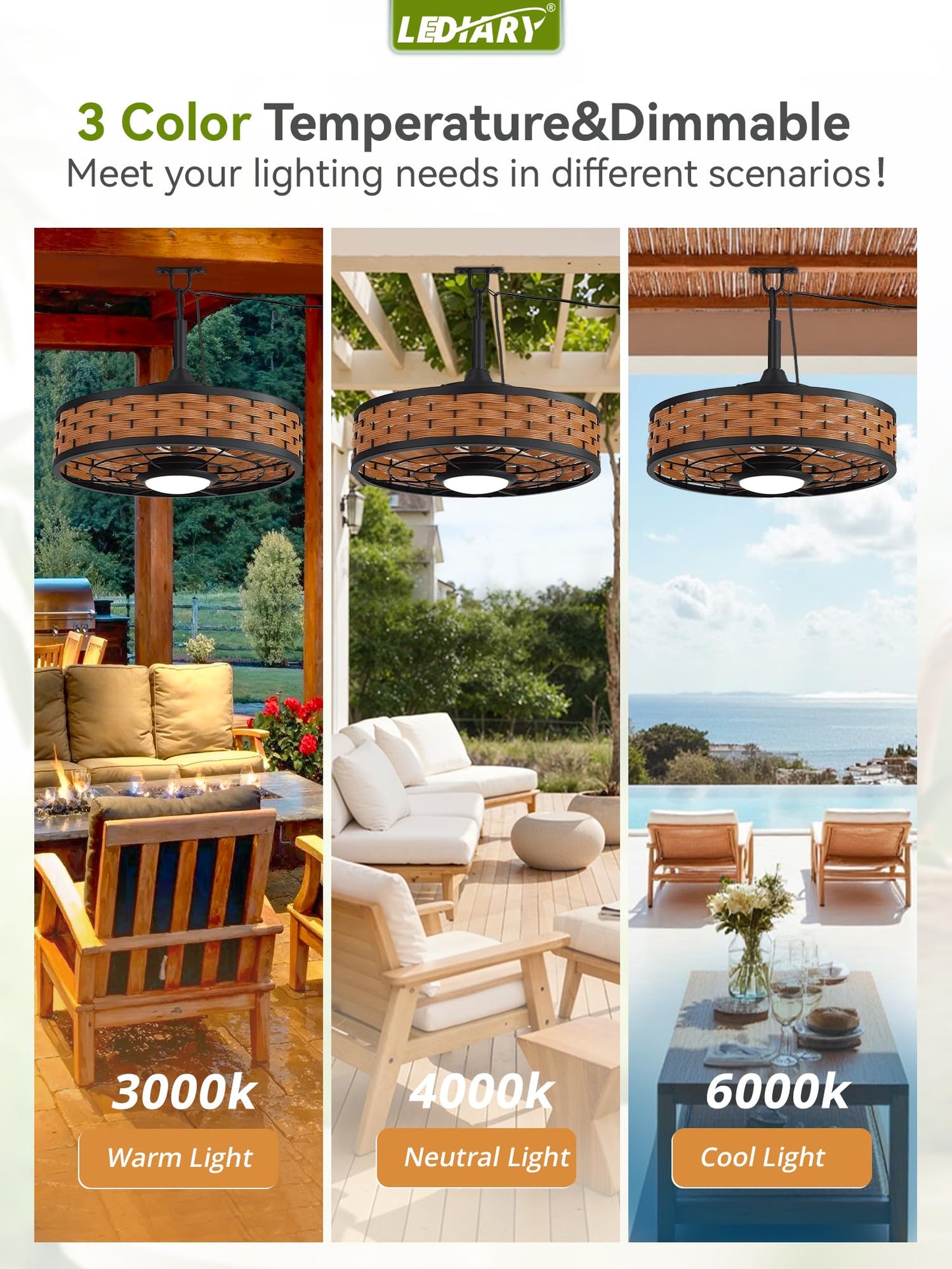 LEDIARY 20" Outdoor Ceiling Fans with Light for Patios, IP65 Waterproof Gazebo Fan, Boho Rattan Plug in Ceiling Fan Remote&APP Control, 3CCT Dimmable, 6-Speeds, Caged Fan for Gazebo,Patio,Porch