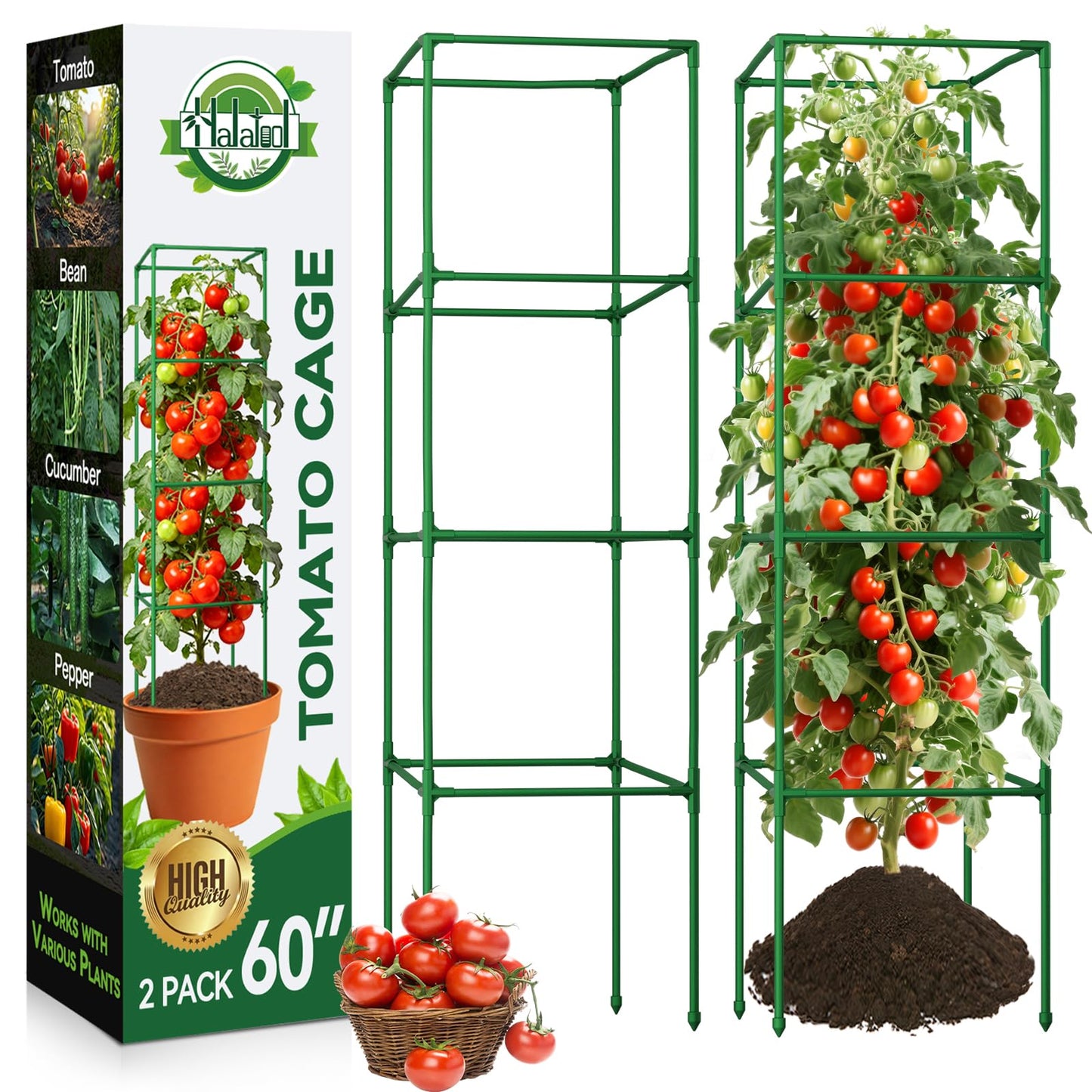 Halatool 2 Pack 60in Square Tomato Cages for Garden, Heavy Duty Adjustable Metal Tomato Trellis for Climbing Plants – Green Plant Support Stakes for Vegetables Flowers Fruits & Raised Bed Outdoor