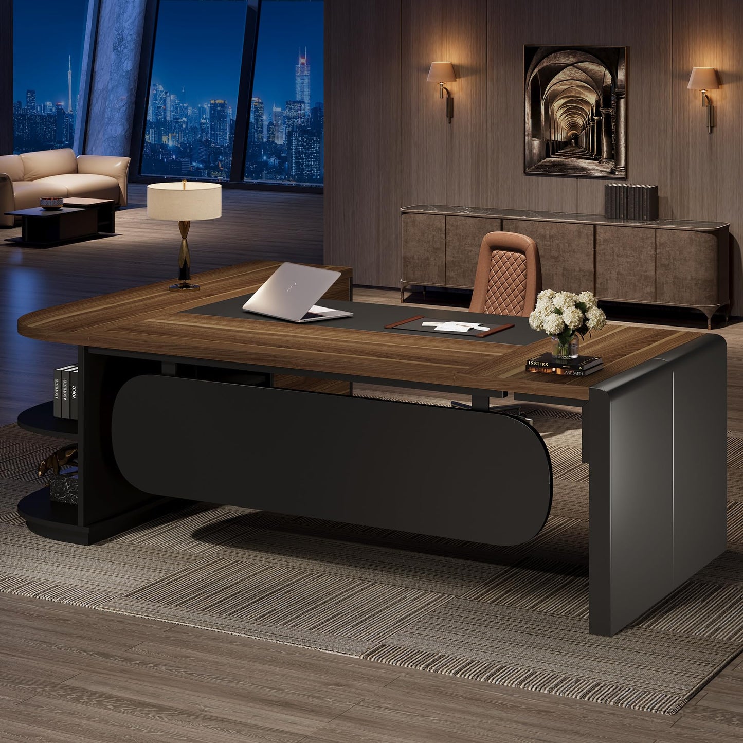 Tribesigns 81-Inch L-Shaped Office Desk, Large Commercial Office Desk with Drawers and File Cabinet, Modern Professional Business Furniture Workstations with Storage Shelves, Brown & Black