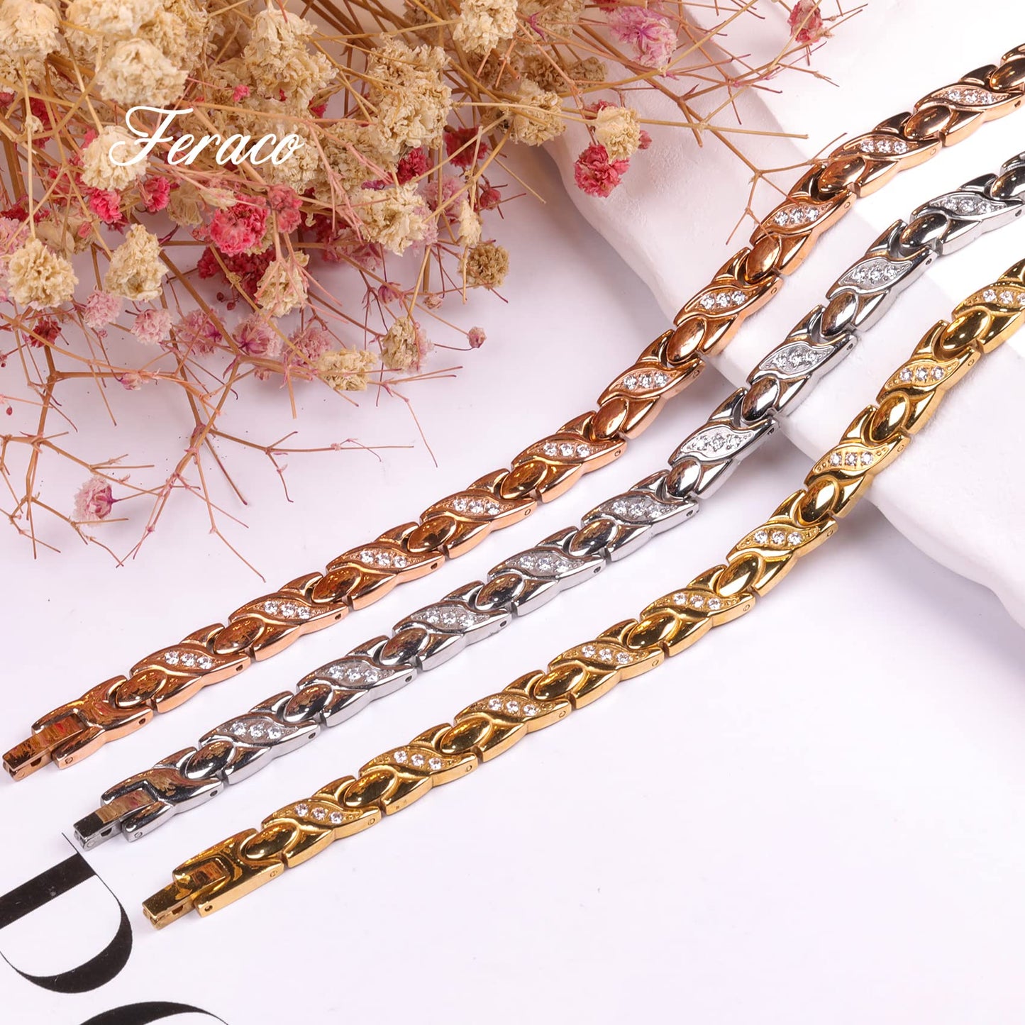 Feraco Magnetic Bracelets for Women Titanium Steel Bracelet with Ultra Strength Magnets & Sparkling Crystals Gifts for Women (Silver)