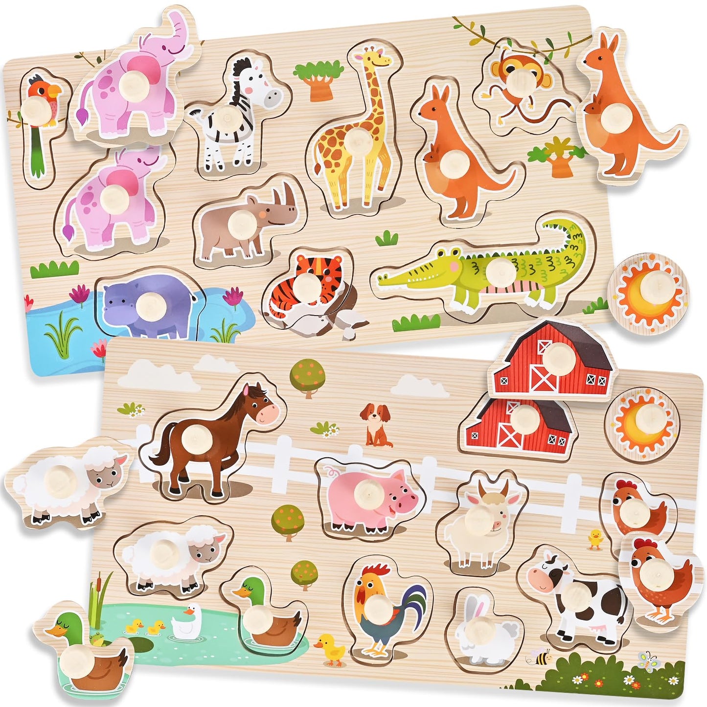 WoodTrove Wooden Peg Puzzles for Toddlers 1-3, 2 Pcs Montessori Puzzles, Zoo & Farm Animal Puzzles, Great Preschool Educational Learning Gifts for Girls and Boys