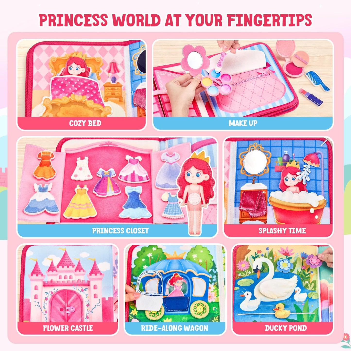 JoyCat Travel Toys for Toddlers 1-3, Princess Busy Book – Busy Book for 1 Year Old, Dress-Up, Unicorn & Castle Play –Quiet Toy Fine Motor Skills, Easter Basket Stuffers Gifts for Kids Girl