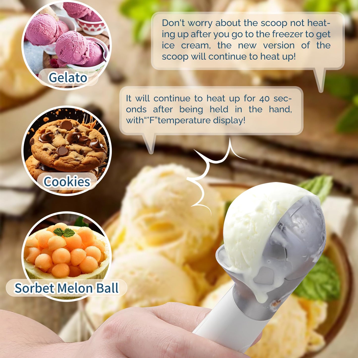 Heated Ice Cream Scoop Rechargeable, Electric Warming Ice Cream Scooper with LED Display, Heats to 158°F for Hard Ice Cream, Easy for Seniors & Kids, IP67 Waterproof (White, 2 oz)