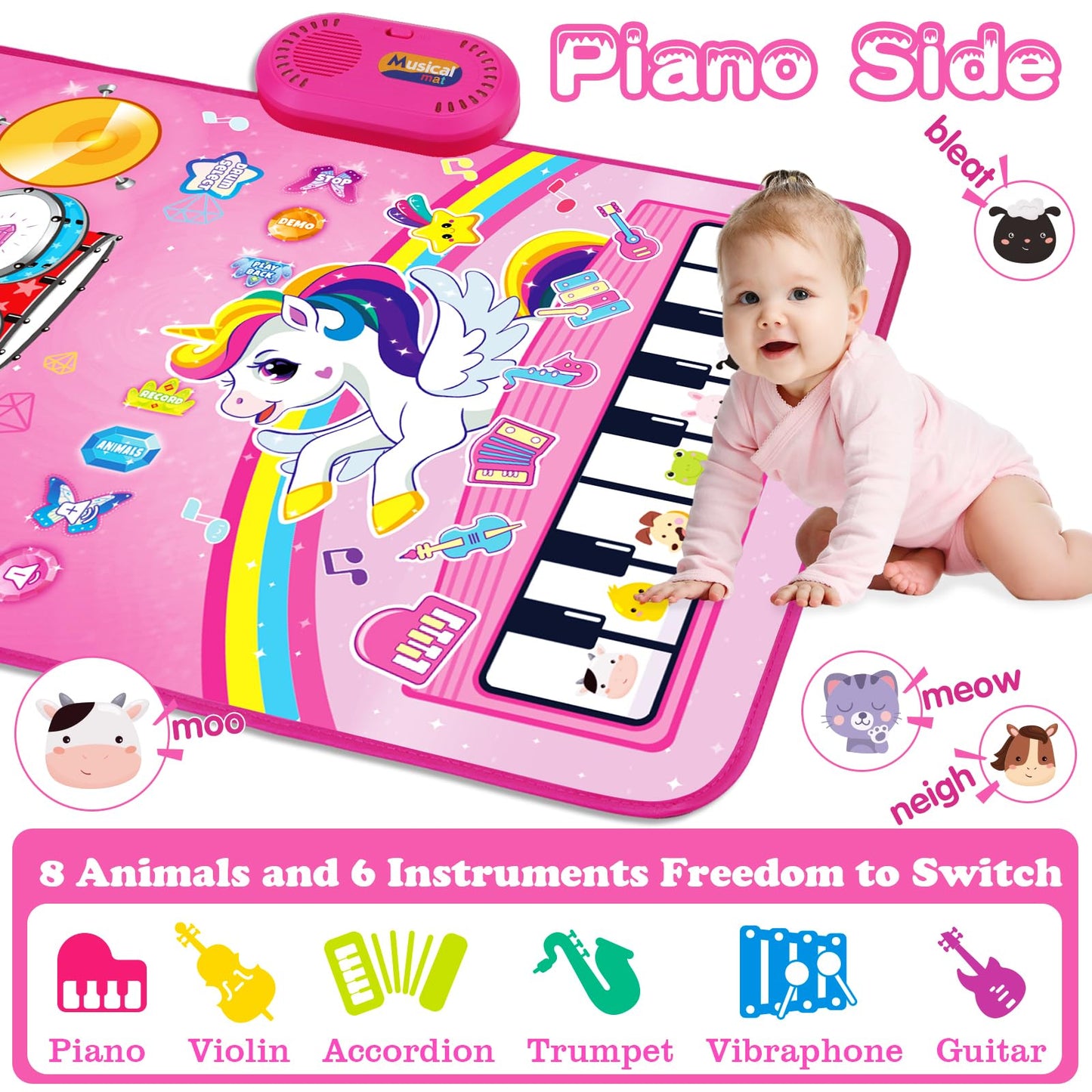 Toys for 1 Year Old Girl Gifts: Baby Music Mat Toddler Toys Age 1-2 - 3 in 1 Piano Drum Animal Touch Unicorn Toy - Infant Musical Toy 12-18 Months Babies Birthday Easter Gifts for 1 2 3 Year Old Girls