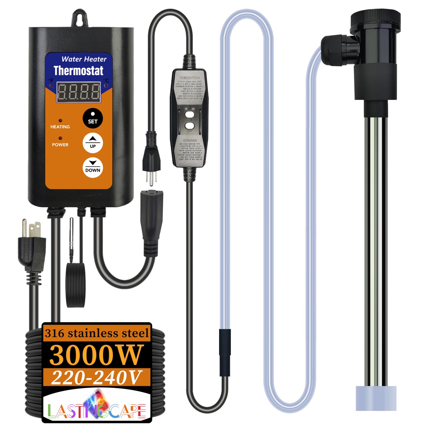 LASTINGCAPE 240V 3000W Submersible Portable Electric Pool & Hot Tub Immersion Water Heater with Thermostat, GFCI for Bathtubs, Inflatable Pool, Above Ground Pool, Swimming Pool and Baptistry