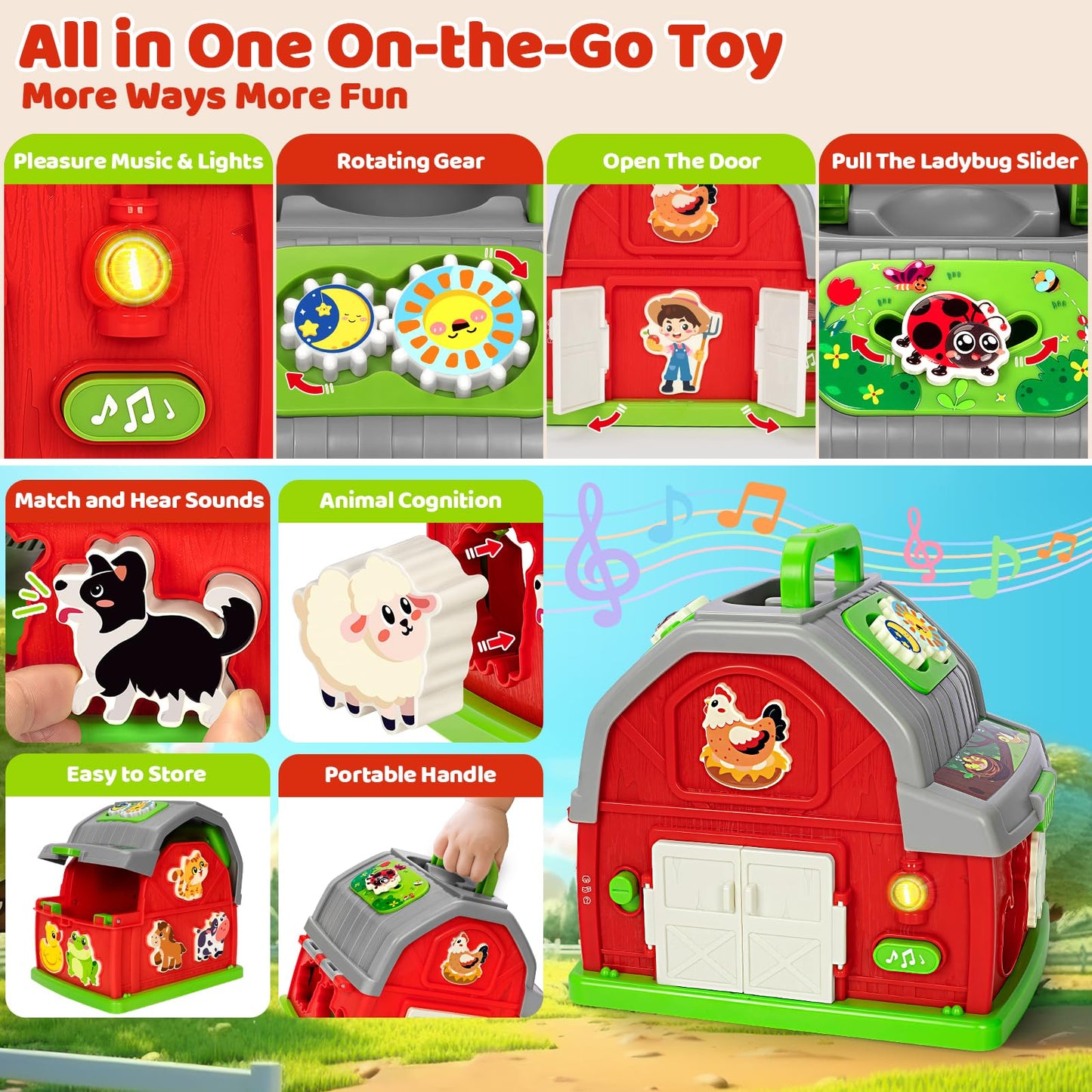 Toddler Toys for 1 2 3 Year Old Boys Girls, Upgraded Musical Farm Animal Barn Toy Gifts, Montessori Fine Motor Skill Learning & Educational Toys, Christmas Birthday Gift for Baby 12-18 Months+