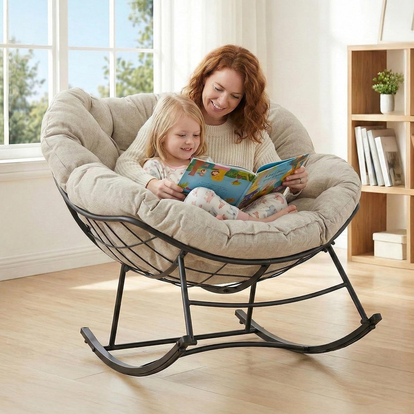 OLIXIS Outdoor Rocking Chair with 5.5" Thick Cushion, Oversized Egg Lounge Chair with Water-Repellent & UV-Resistant Fabric, 450 Lbs Heavy Duty for Patio, Living Room, Garden, Bedroom, Beige