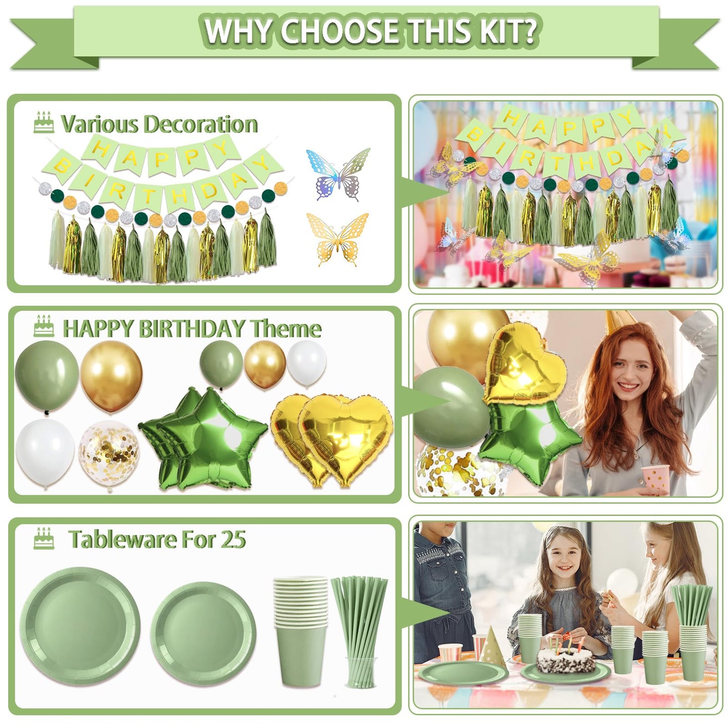 Guudmua 222 Pcs Sage Green Happy Birthday Decorations, Birthday Decorations for Women or Girl Kit- Disposable Dinnerware Set with 25 Guest, Balloons, Sash, Tiara, Banner, Paper Pom Poms