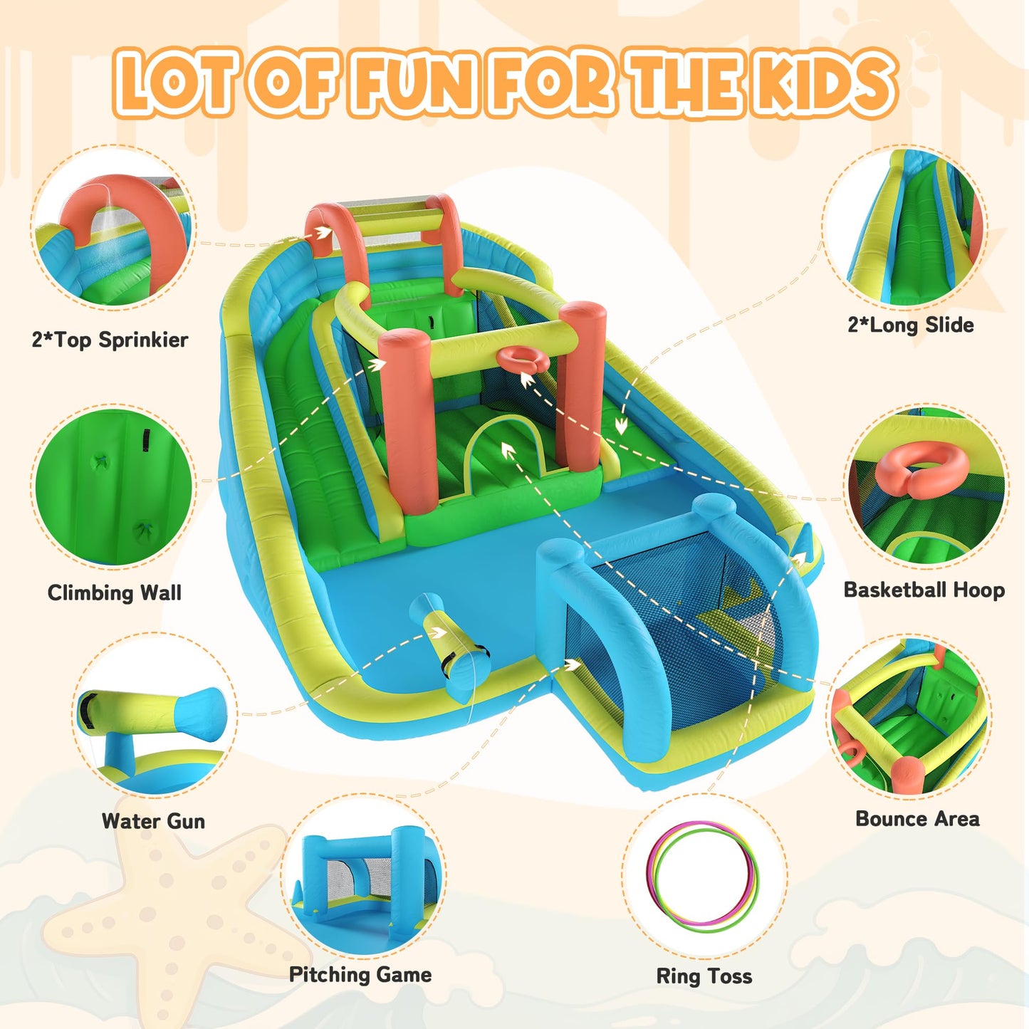 HOMMOW Inflatable Bounce House with Double Slide, Bouncy Castle for Kids 3-12 with Blower, Water Cannon, Football Net, Jumping, Climbing Wall, Basketball Hoop, Backyard Water Park for Kids