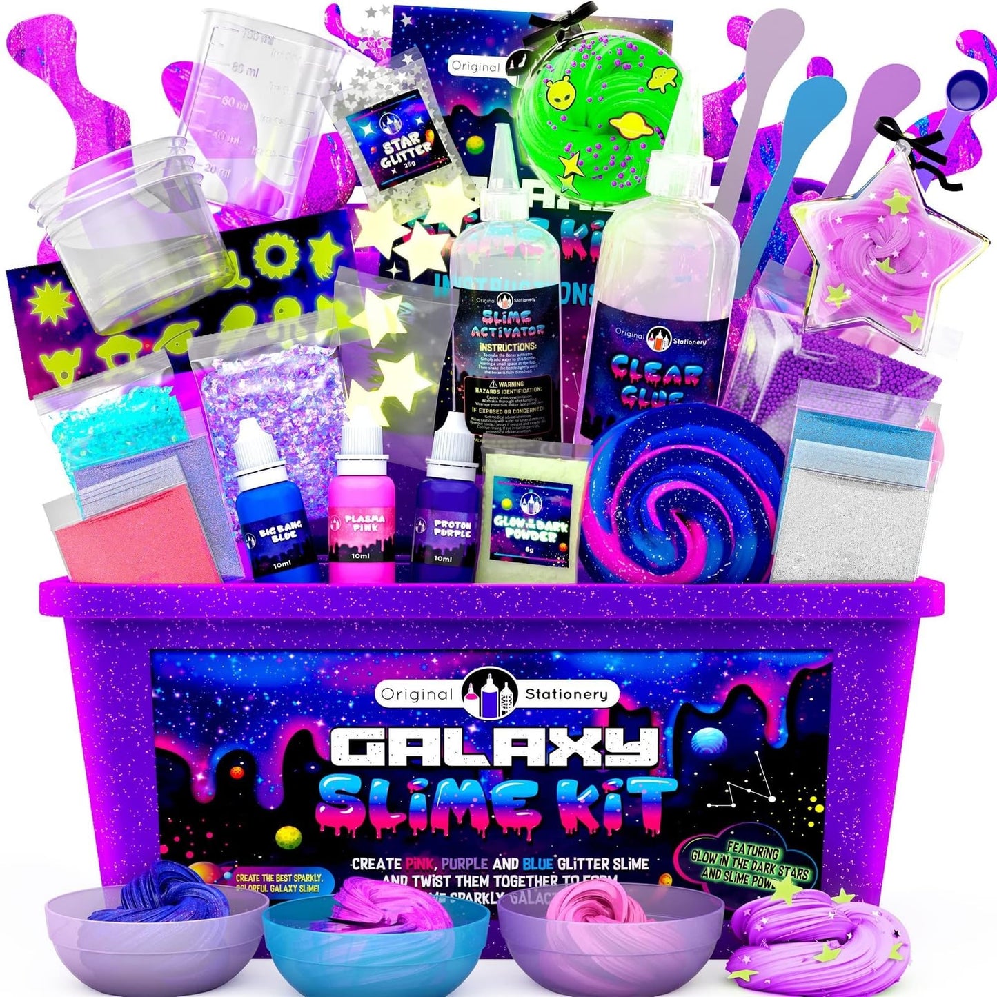 Original Stationery Galaxy Slime Kit for Kids Ages 8–12, DIY Space Slime Set with Glow-in-The-Dark Stickers & Galactic Glitter, Fun Cosmic Craft for Creative Play, Birthday Gift for Boys & Girls
