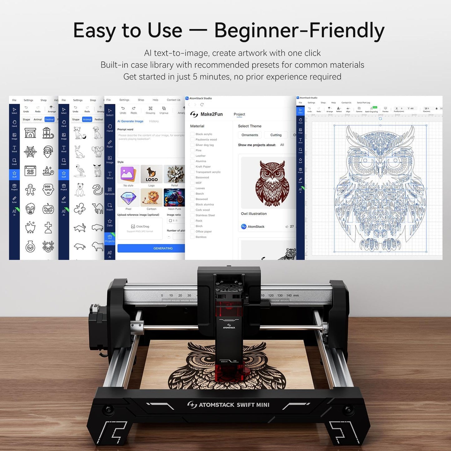 ATOMSTACK Swift Laser Engraver 3W for Beginners Swift Laser Cutter Machine Desktop Fully Pre-Assembled 135×145mm Area, 0.04mm High Precision DIY Wood, Leather, Crafts, Acrylic, Gifts, 3000mW