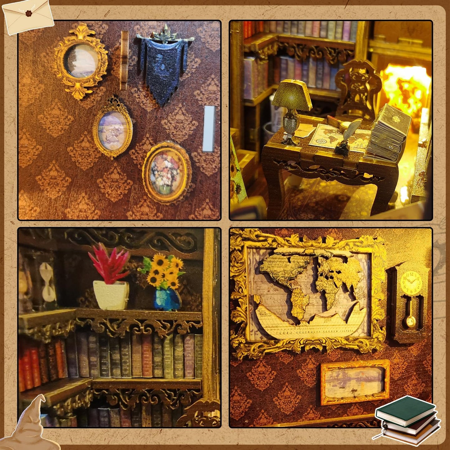 CRIOLPO Book Nook Kit - DIY Doll House Booknook, Book Nook Miniature Kit for Bookshelf Doll Houses for Adults Teen Halloween, 3D Wooden Puzzle Bookends with Sensor Led Light