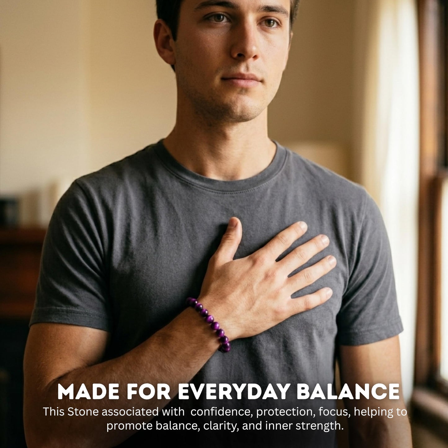 Cherry Tree Collection Purple Tiger's Eye Beaded Bracelet – Genuine 8mm Gemstone Stretch Bracelet for Men & Women – Handmade Crystal Bracelet - (Purple Tiger's Eye - M)