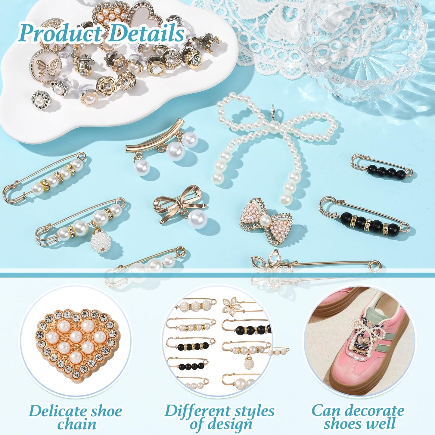 HUAAPLEVLA 44 Pcs Bling Shoe Charms for Sneakers Junk Socks Charms Kit Gold Brooches and Pins for Women Shoelace Charm for DIY Shoe Accessories and Personalizing Socks Clothes Hats Bags Decoration