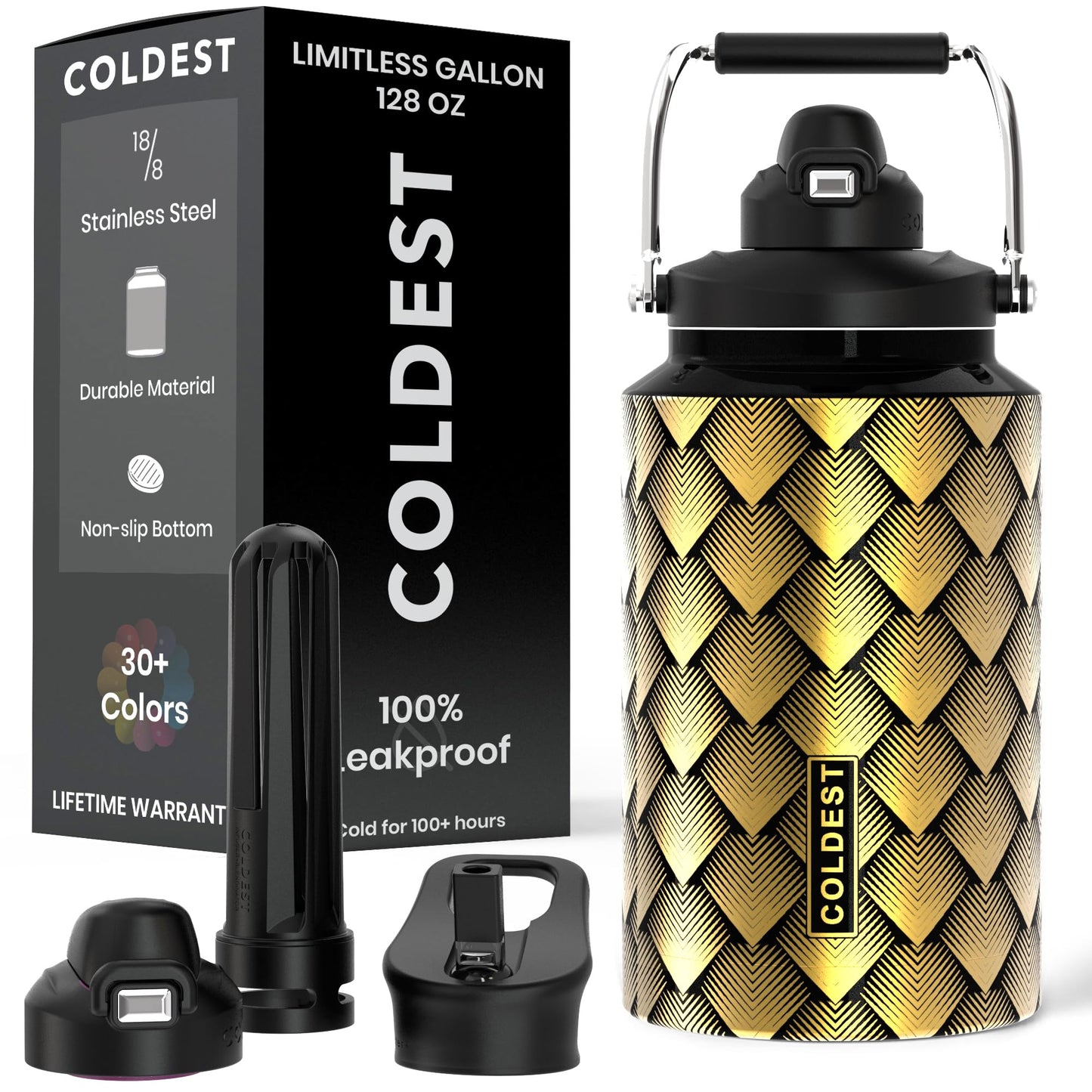 Coldest 128 oz Tumbler with Handle and Straw - 100% Spill Proof Tumbler with Straw (3 Lids) - Stainless Steel Insulated Leakproof Tumblers for Women & Men - Cup Holder Friendly - 128 oz (Gold Dragon)