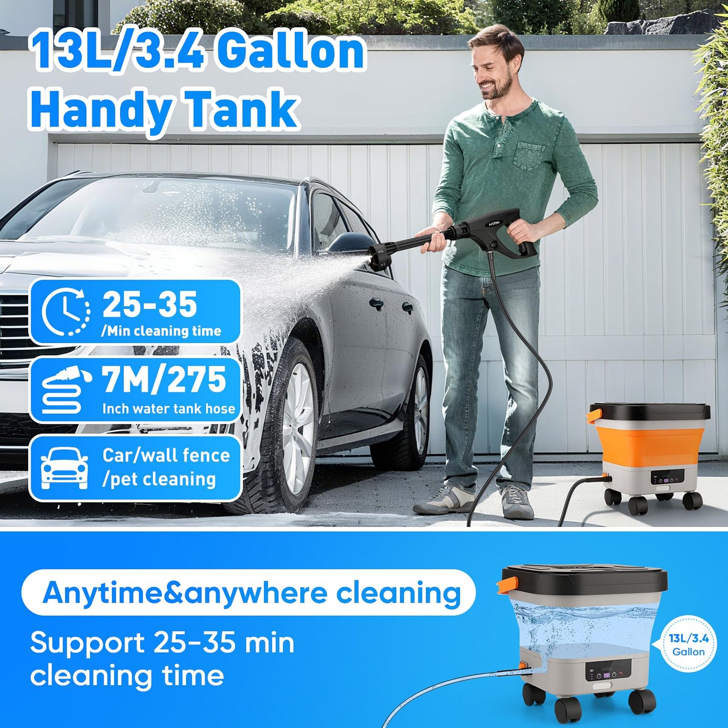 660PSI Portable Cordless Pressure Washer with Folding 3.4Gal Tank, 6-in-1 Nozzle, 7 Adjustable Pressure Levels, 7M Hose, Portable Sprayer with Wheels for Car Floor Wall Fence Cleaning (Orange)