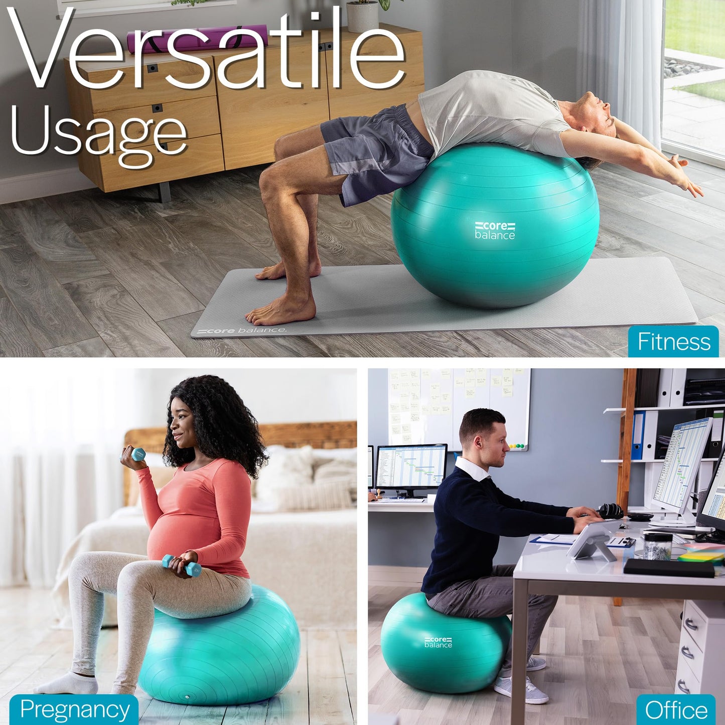 Core Balance Exercise Ball for Workouts, Anti-Burst and Slip Resistant, Swiss Yoga Ball for Pregnancy, Stability, Fitness and Physical Therapy, 4 Sizes, with Pump (22" / 55cm Teal)