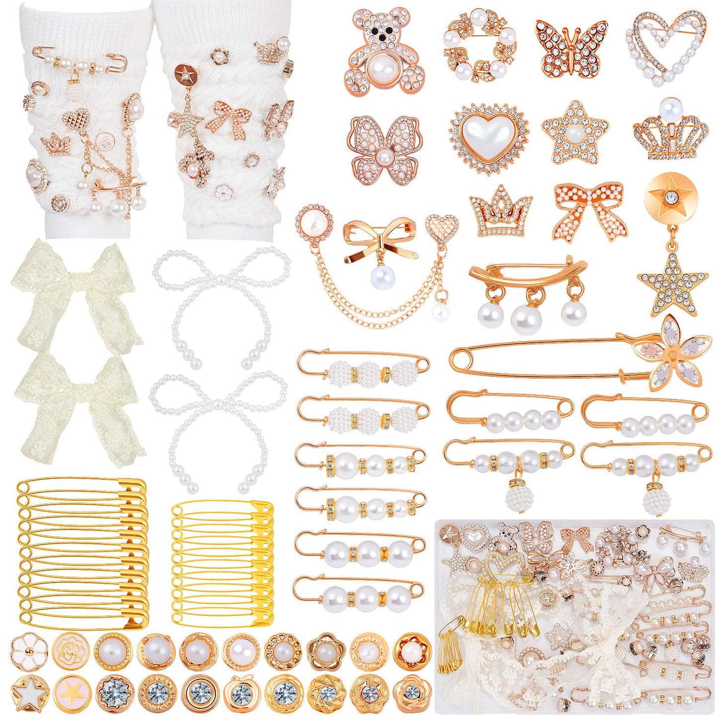LovelyMoon 70Pcs Junk Socks Charms Kit with Letter Beads, Gold Charm for Socks and Sneakers, Brooches and Pins for Women, Charms for Sock Safety Pin, Junk Charm with Pearl, Rhinestone