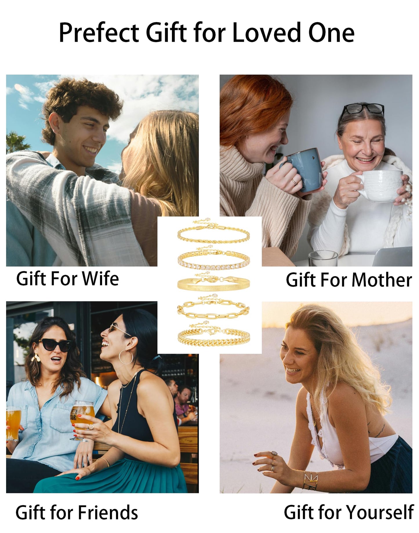 Gold Bracelets for Women 14K Gold Plated Stack Trend Bracelets Charm Paperclip Chain Cuban Link Layered Waterproof Bracelet Dainty Bracelet for Women Jewelry Gifts (5Pcs Gold)