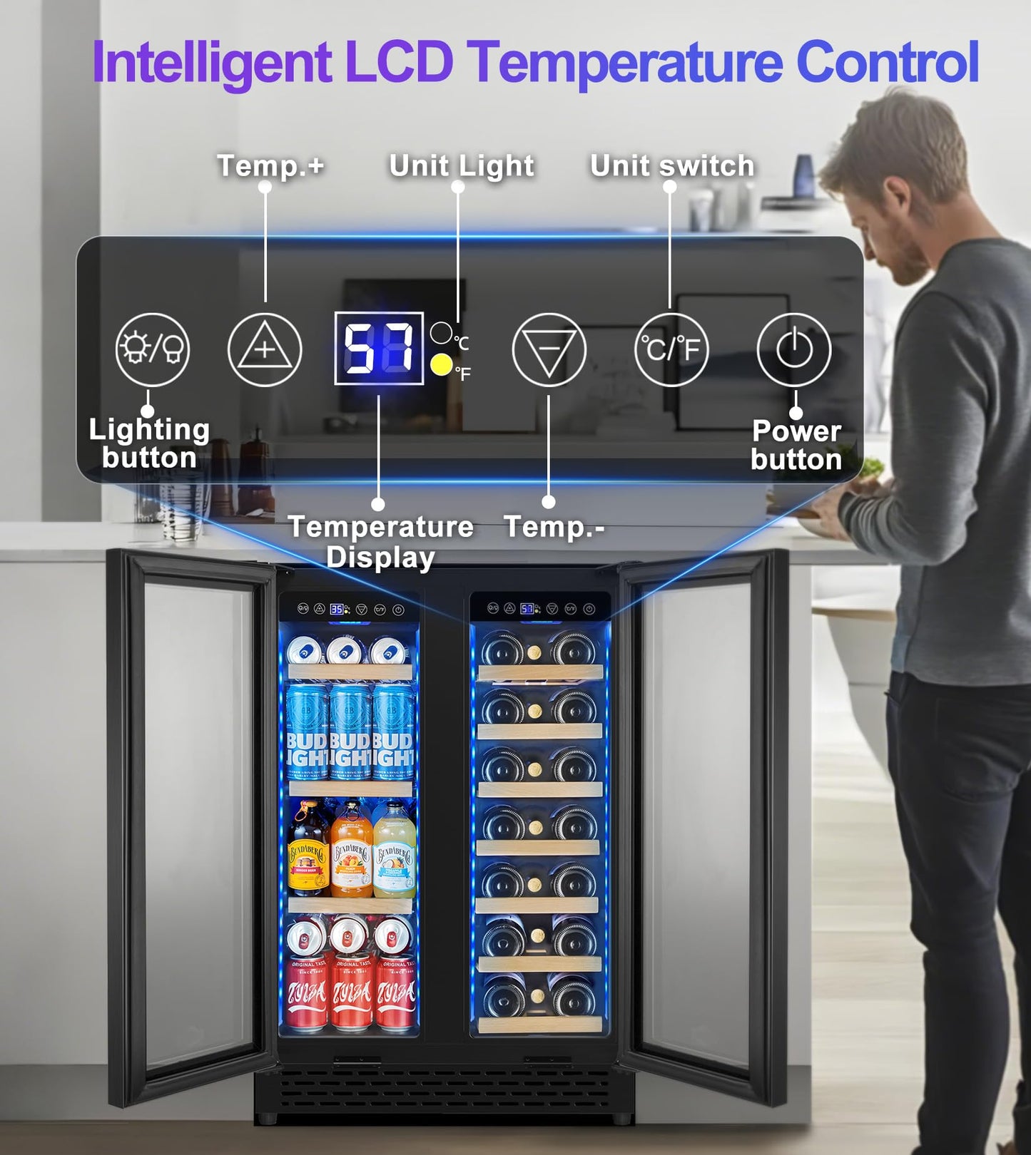 RLPI 24'' Wine and Beverage Refrigerator, 4.2 Cu. Ft. Dual Zone Wine Fridge with RGB Lights French Door Intelligent Control Advanced Compressor Under Counter Cooler for Outdoor Kitchen Bar Gift Black