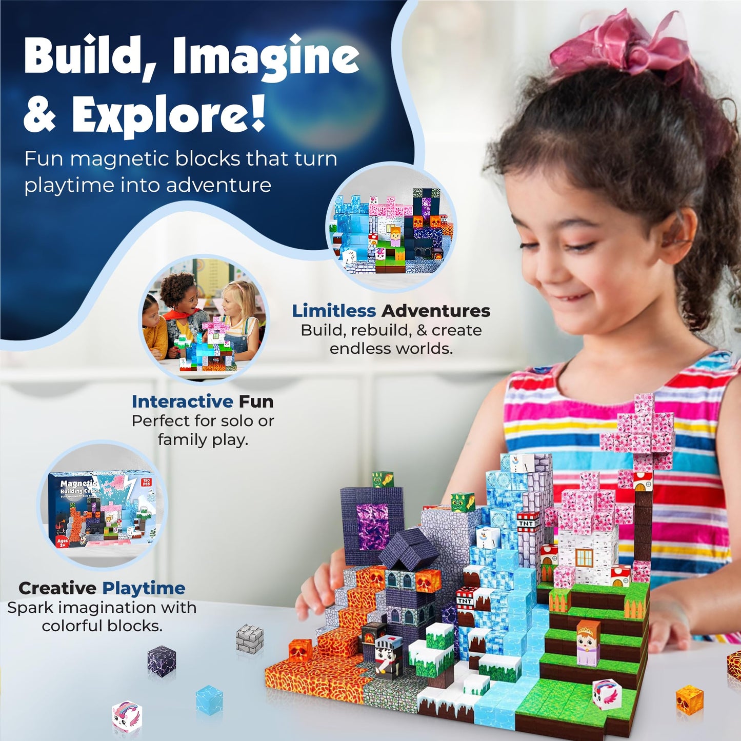 Va Health Magnetic Blocks | 150PCS Minecraft Magnetic Building Blocks, Storage Bag Included, STEM Toys for Kids Ages 3+, Magnetic Blocks for Kids Ages 4-8, Birthday Gifts for Boys and Girls