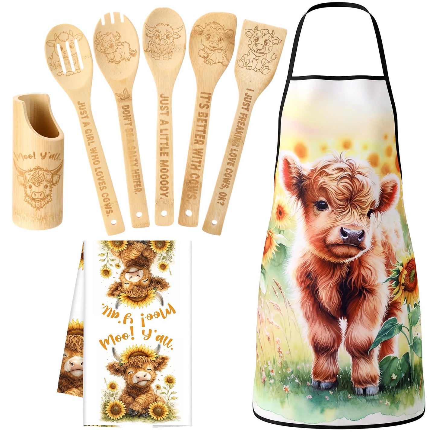 Zhehao 8 Pcs Highland Cow Kitchen Decor Cooking Utensils Set 4 Bamboo Spoons with 1 Utensil Holder 1 Towel 1 Apron Cow Gifts for Women Kitchen Bathroom Home Decorations Housewarming Gifts