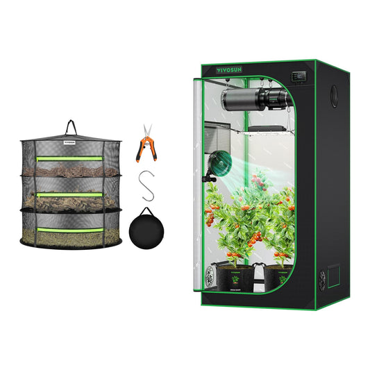 VIVOSUN 3-Layer Mesh Drying Rack Hanging Design and S336 3x3 Grow Tent, 36"x36"x72" High Reflective Mylar with Observation Window and Floor Tray