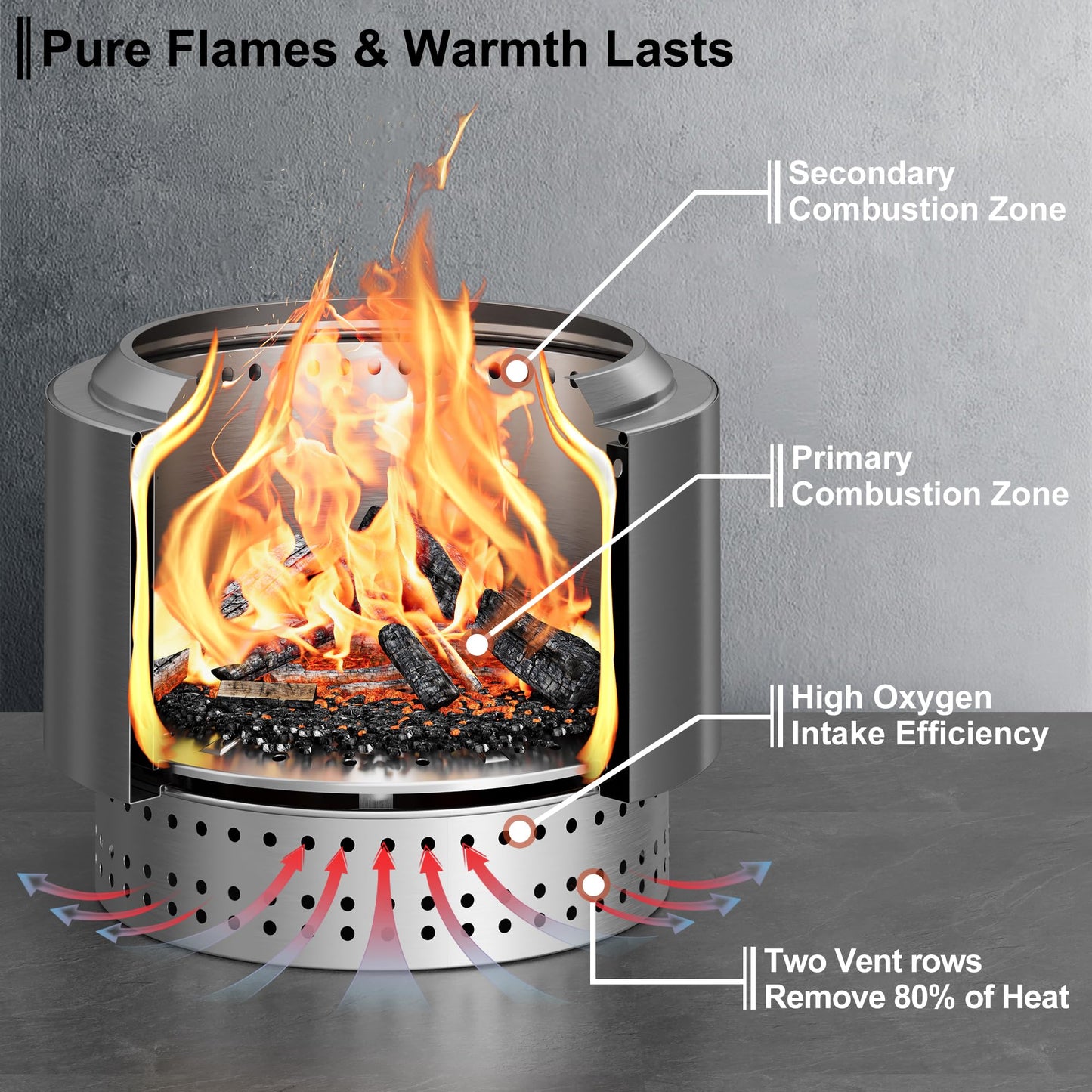 HongTaok 20 Inch Smokeless Fire Pit with Removable Ash Pan, Fire Pits for Outside Wood Burning, Portable Bonfire Outdoor Firepit, Waterproof Bag & Poker Included, Stainless Steel, Camping Backyard