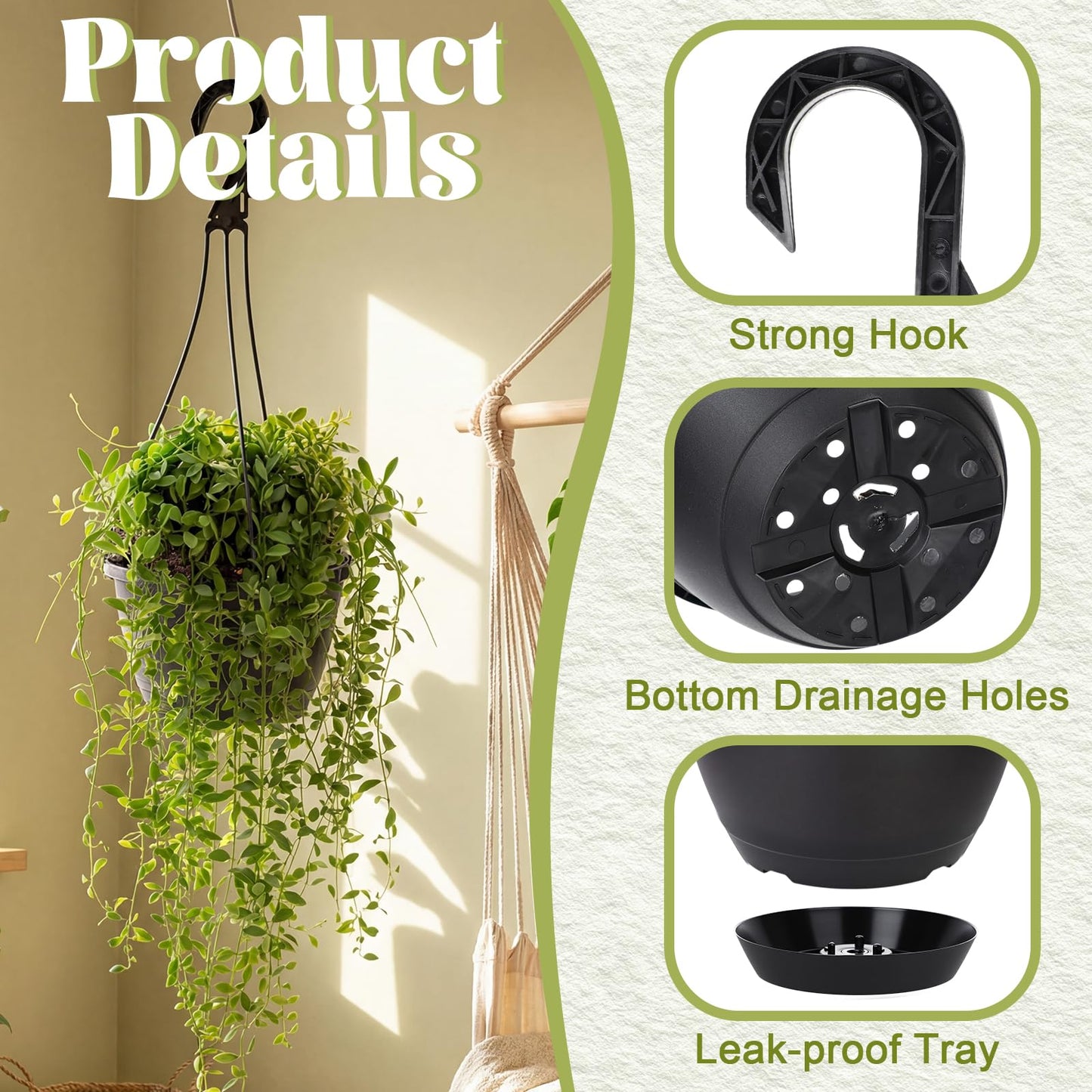 Roshtia 50 Pcs 6.3 Inch Plastic Hanging Pots for Plants Bulk with Hooks Hanging Basket Planters Pots Drainage Tray Nursery Planter Holder for Outdoor Indoor Plants Flowers Garden Balcony Porch Black
