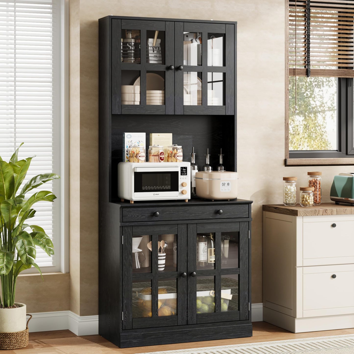 Garvee 72 Inch Kitchen Pantry Cabinet with Glass Doors, Drawer and Adjustable Shelves, Farmhouse Tall Storage Cabinet with Open Countertop, Coffee Bar Cabinet for Coffee Corner, Black