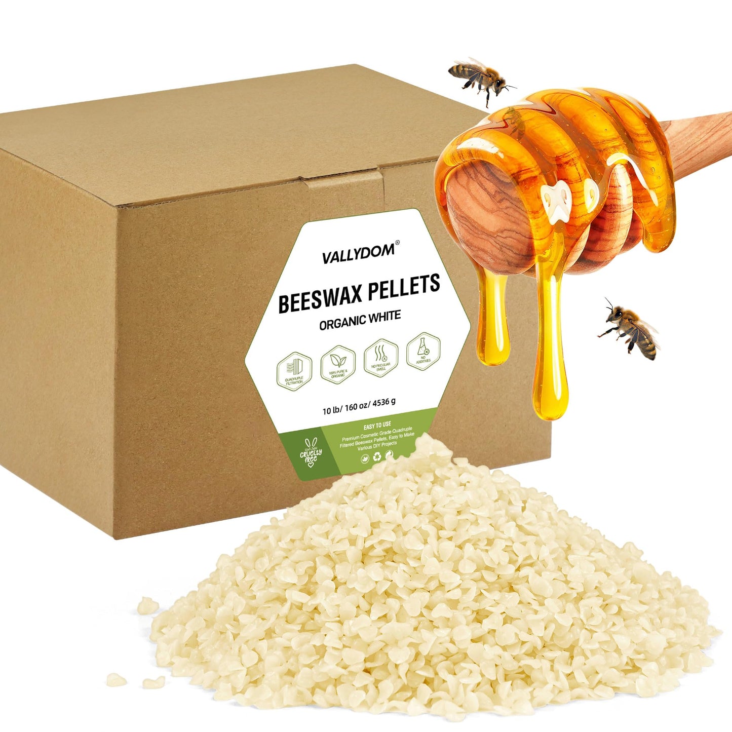 VALLYDOM Organic Beeswax Pellets - 4536g White Beeswax Pastilles, Pure Natural Bulk Bees Wax Pellets for DIY Beeswax Making Candles Skin Care Lip Balm Soap Lotion (10lb)