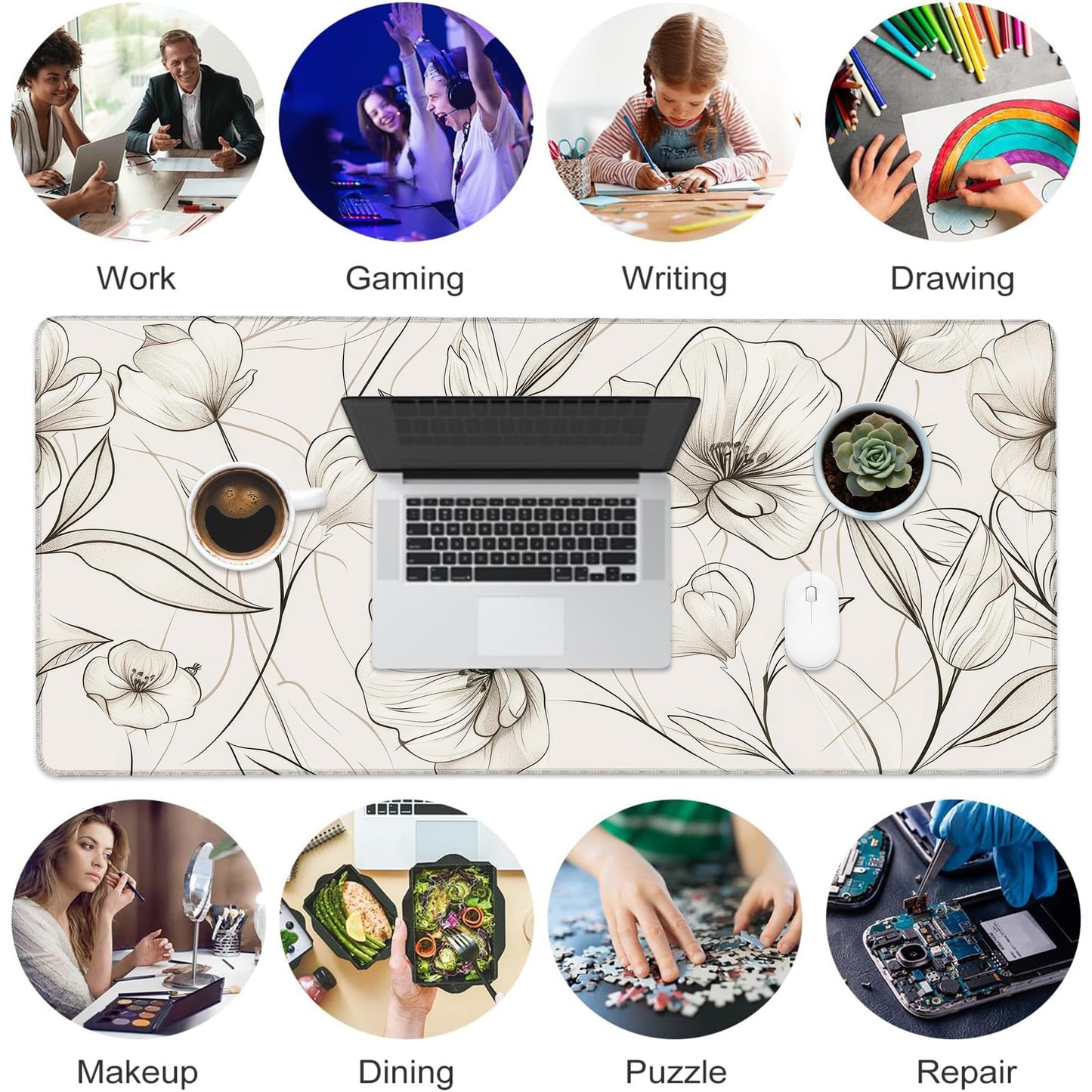 Desk Pad, Boho Minimalist Flowers XXL Gaming Mouse Pad with Stitched Edges,Non-Slip Waterproof Rubber Base Large Desk Mat for Keyboard and Mouse 35.4"x15.7"