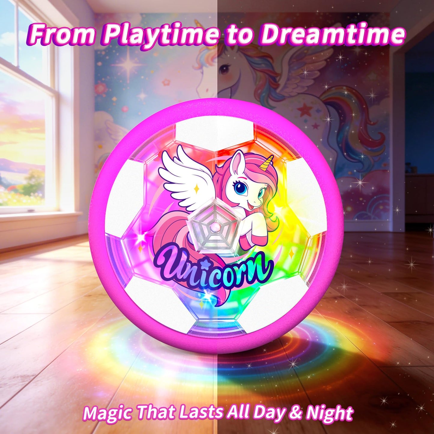 Tqeieu Unicorn Hover Soccer Ball for Girls, Light Up Air Floating Toys for Girls Age 3 4 5 6 7 8 9 10 11 12, Indoor Toy Birthday Gifts, Kids Games with LED Lights Foam Bumper, Kids Stocking Stuffers