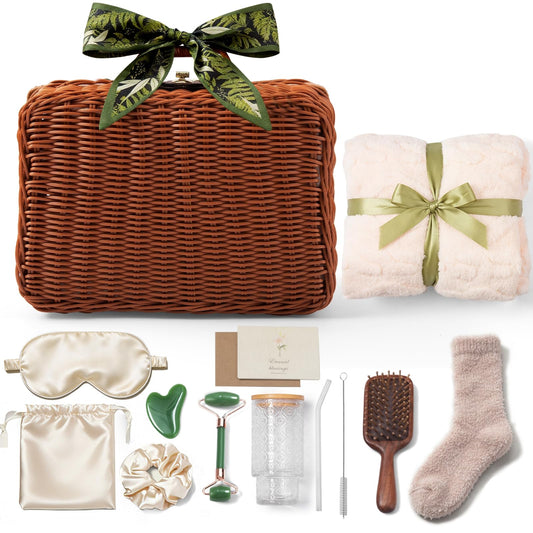 14-Piece Vintage Self-Care Gift Basket for Women for Mom, Relaxing Spa Care Package with Blanket, Glass Tumbler, Birthday Gifts for Women, Wife, Sister, Best Friend