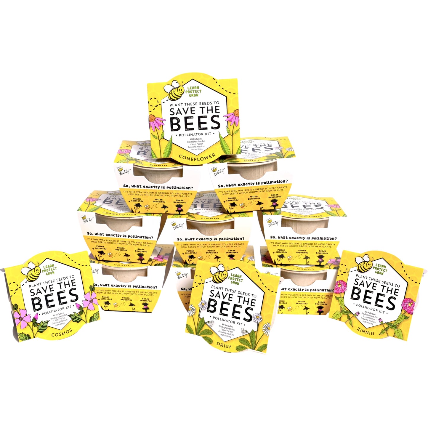 BUZZY Seeds Save The Bees Grow Kit, 12 Biodegradable Mini Flower Pots with Wildflower Seed Packets, Indoor Outdoor Planting Starter Set, DIY Gardening Gift, Sustainable Party Favors Adults