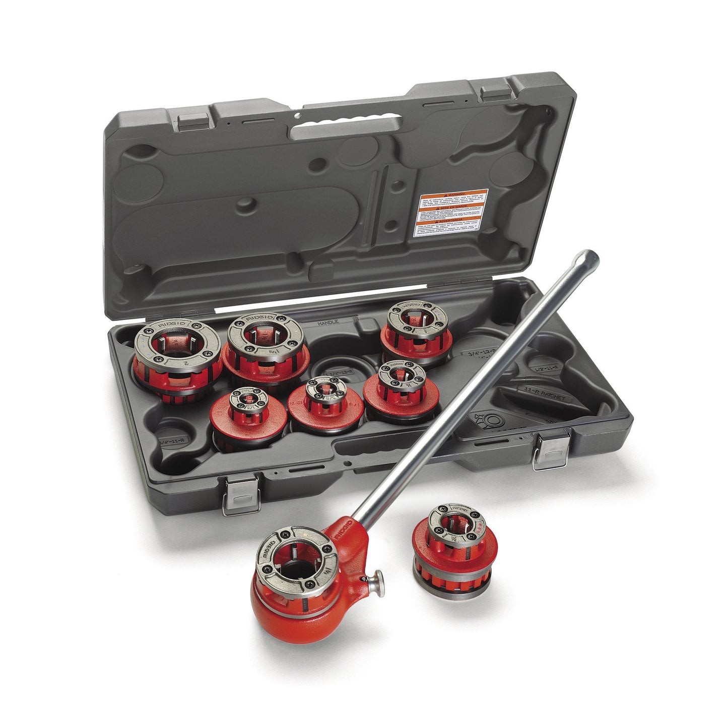 RIDGID 36480 12-R Exposed Ratchet Threader Set, Ratcheting Pipe Threading Set of 1/2-Inch to 1-1/4-Inch NPT Pipe Threading Dies and Manual Ratcheting Pipe Threader with Carrying Case,Silver/Red,Small