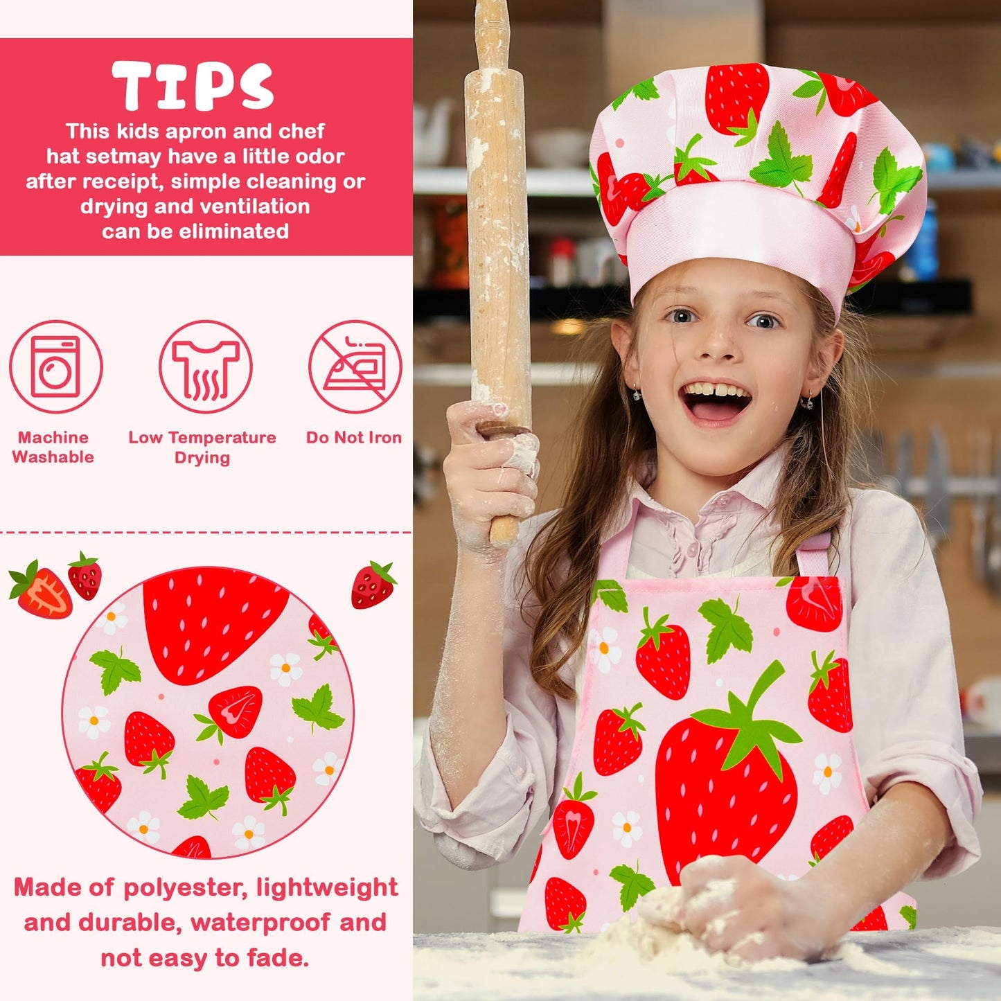 R HORSE Kid Apron and Chef Hat Set - 2Pcs Strawberry Adjustable Children Kitchen Toddler Apron for Girls Role Play Chef Toy Cooking Gift Birthday Gift for Kids Cooking Baking Painting and Training