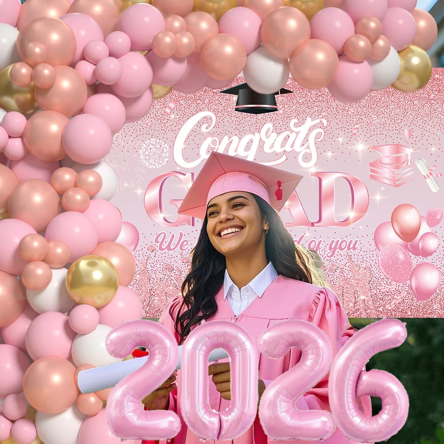 Pink Graduation Decorations Class Of 2026 - Graduation Balloon Arch Kit With Pink Rose Gold Balloons, Grad Backdrop, 2026 Foil Balloons For Girls High College School Decor